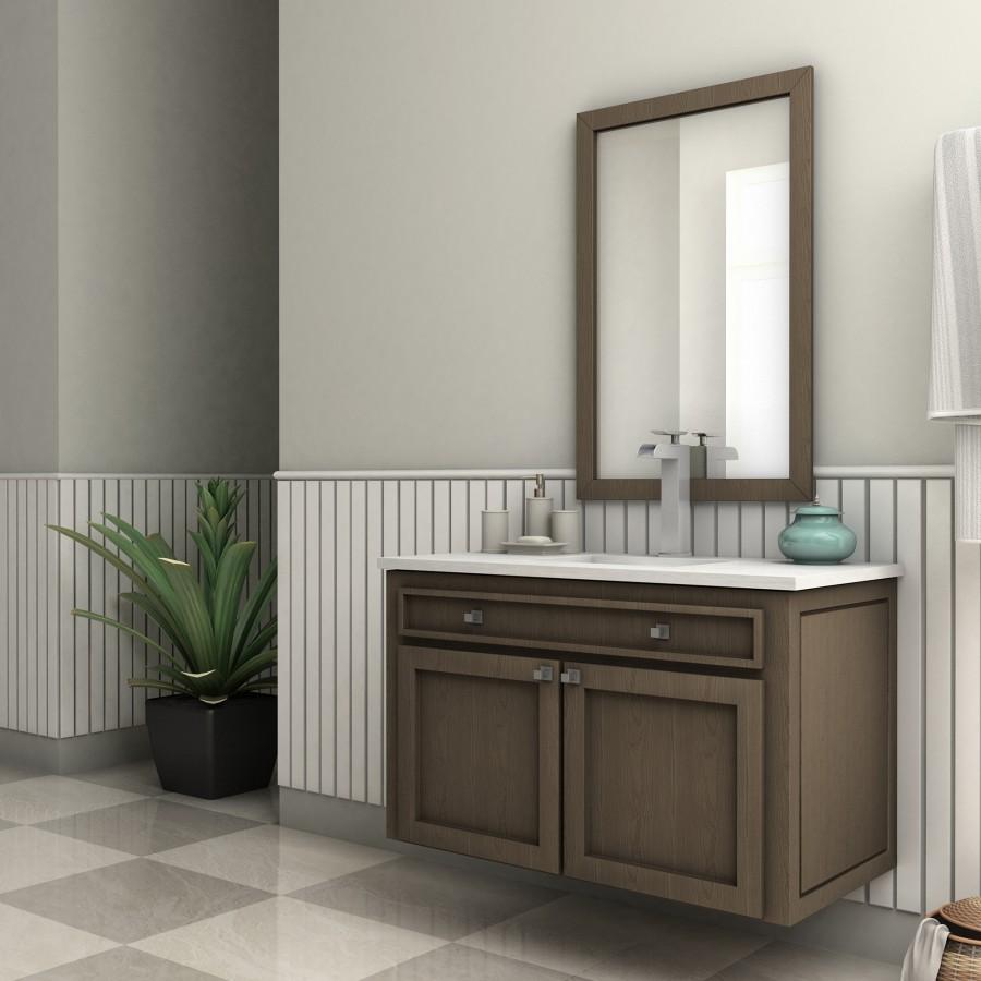 Brushed nickel bath faucet mounted on deck with arched spout and handle