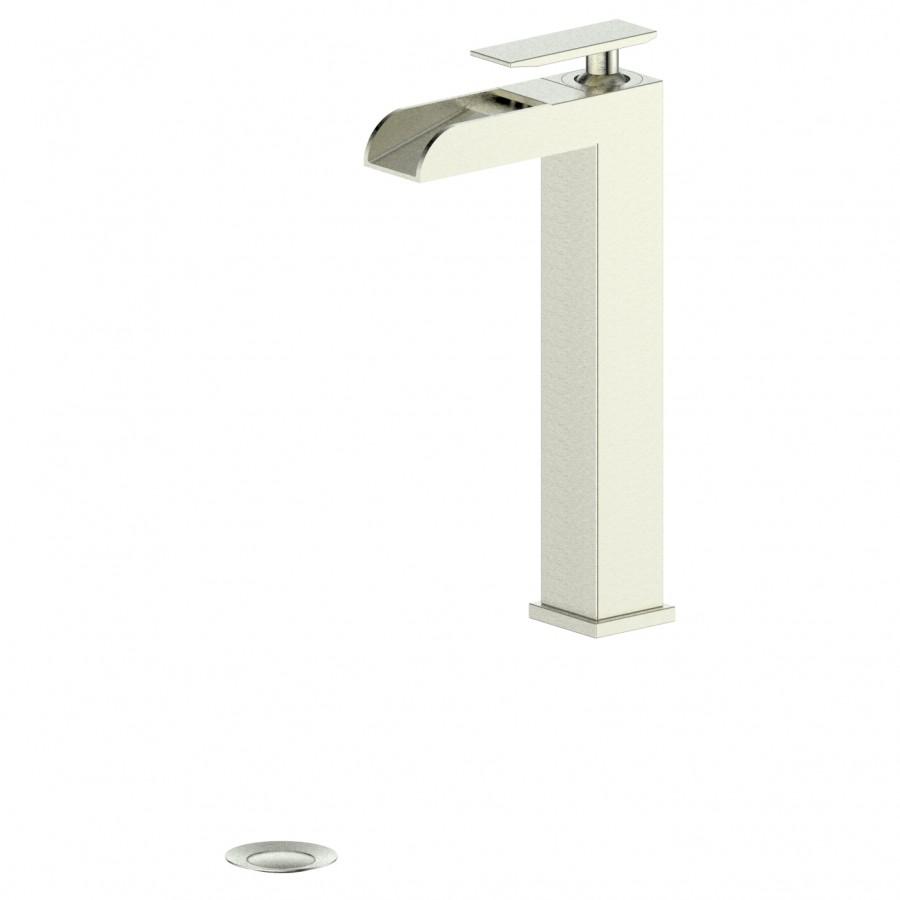 Brushed nickel bath faucet with tall body and wide arched spout