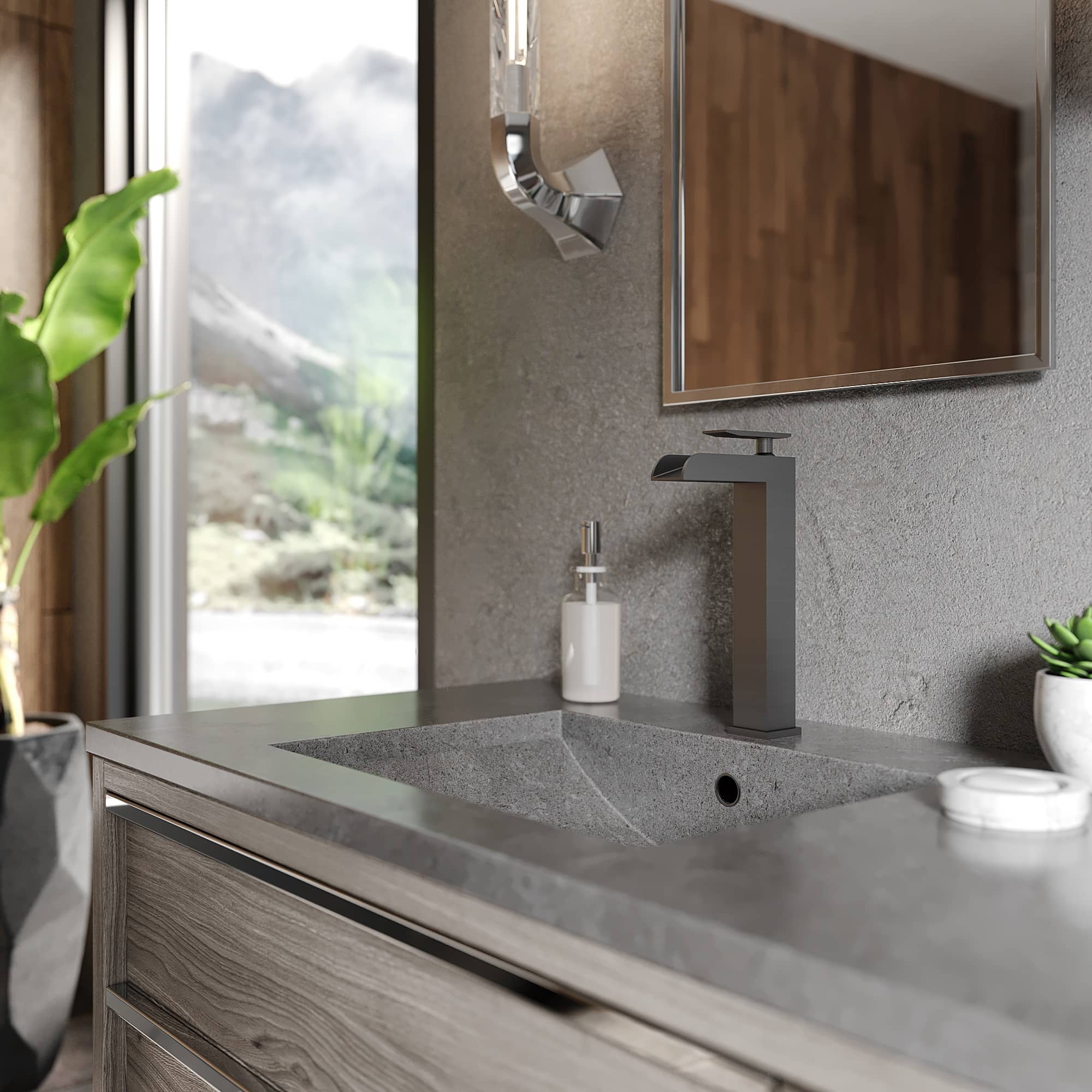 Gun metal tall bathroom faucet with single lever and rectangular spout