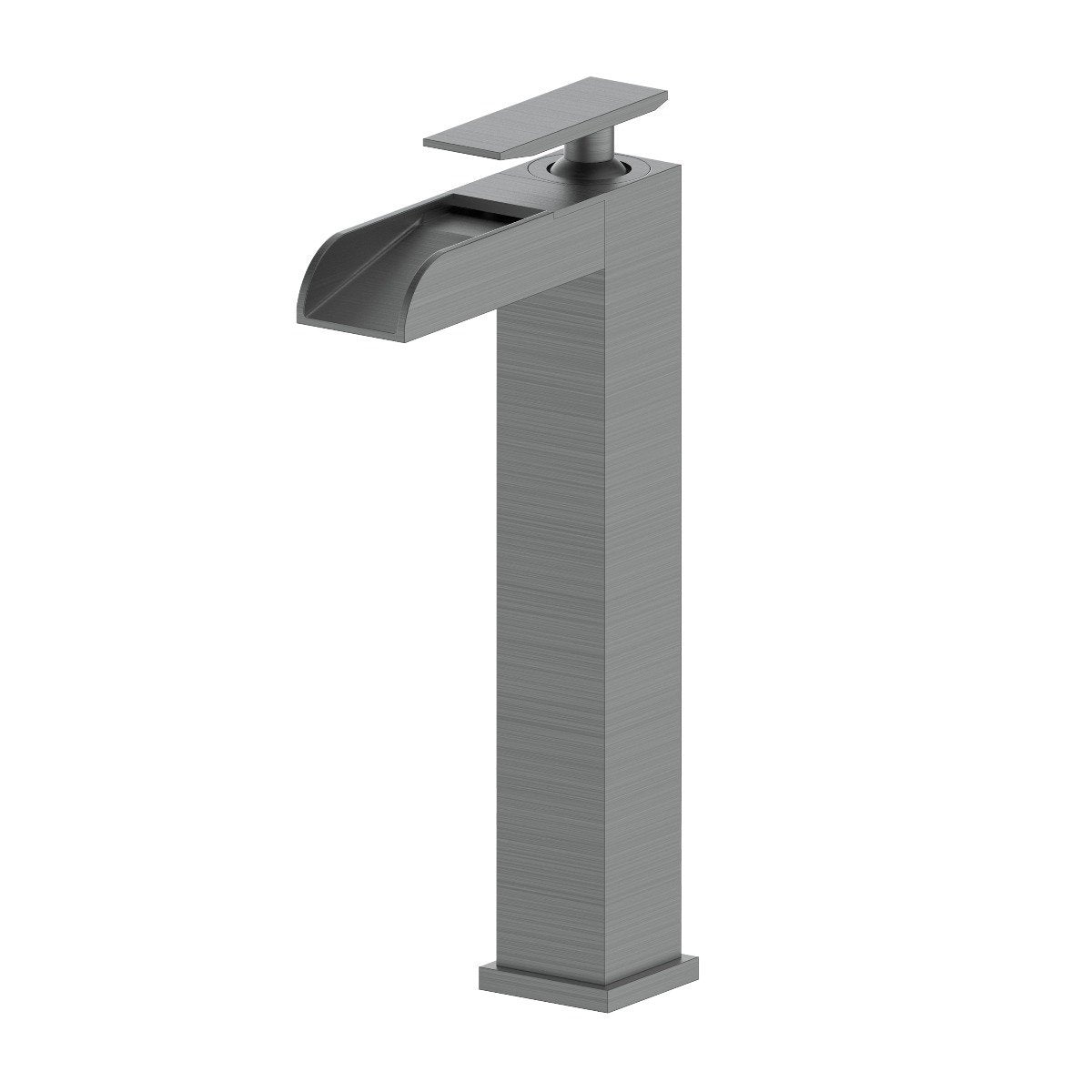 Gun metal bath faucet with single lever, rectangular spout, and tall square body