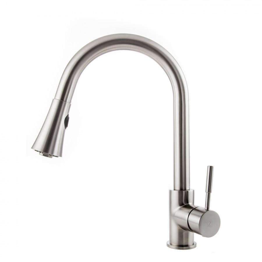 Brushed nickel kitchen faucet with tall arched spout and side control lever
