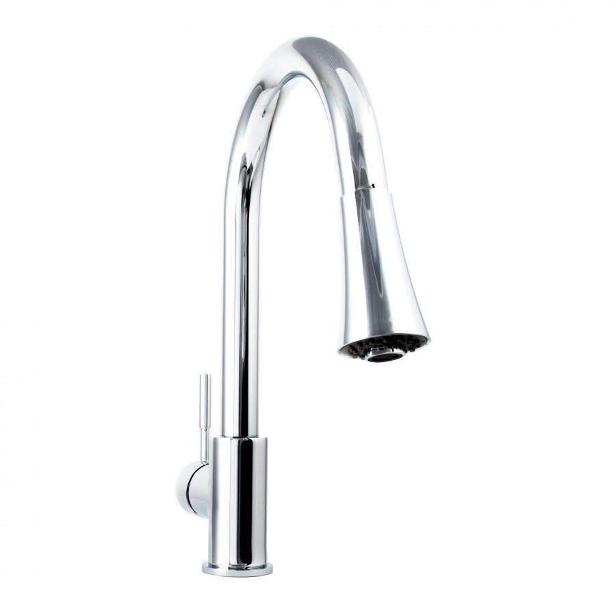 Chrome kitchen faucet with tall arched spout and aerator at the tip