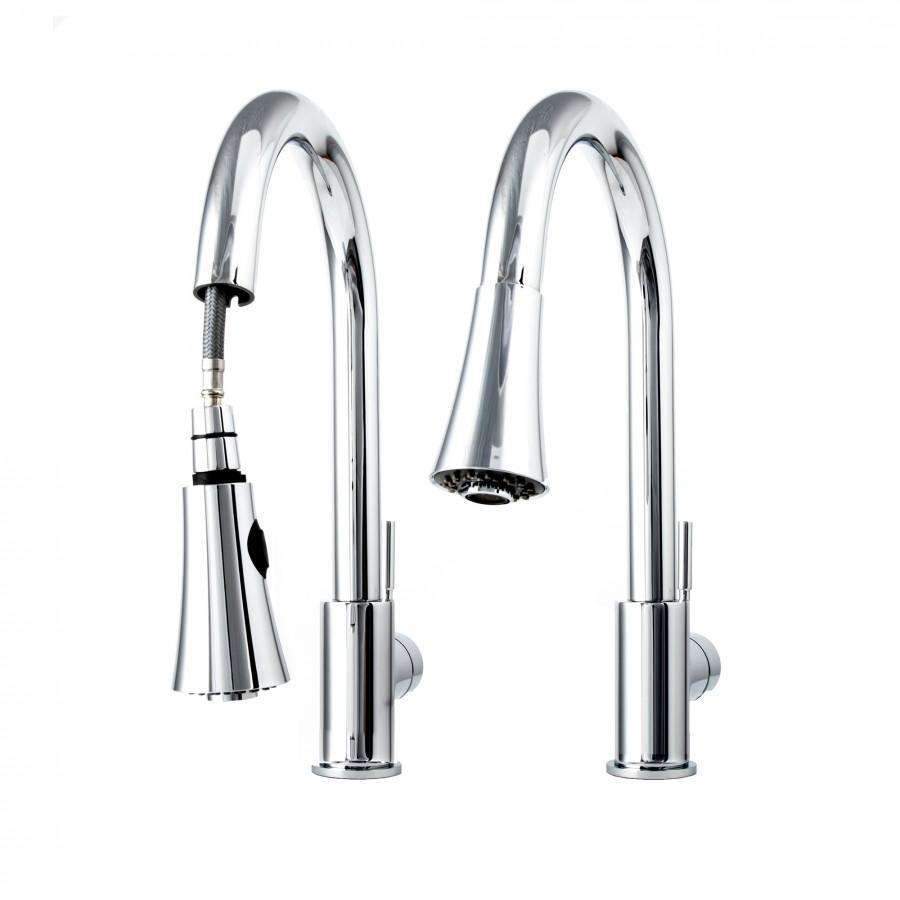 Chrome kitchen faucet set showing tall curved spout and side control handles