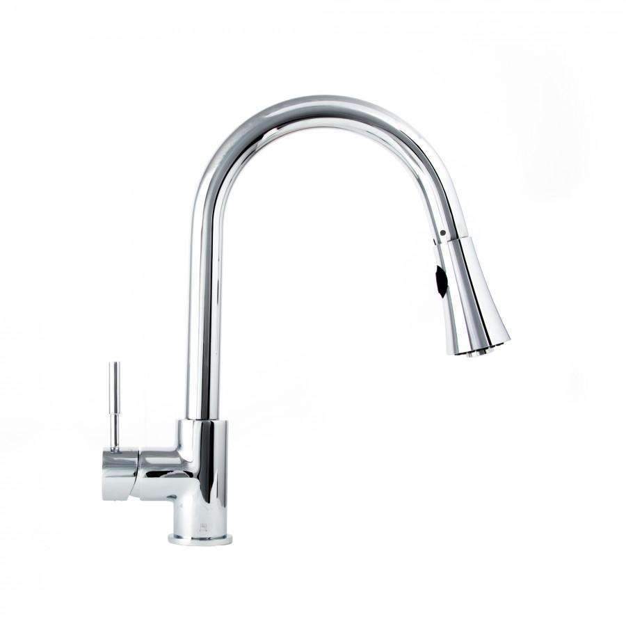 Chrome kitchen faucet with tall curved spout and side lever controls