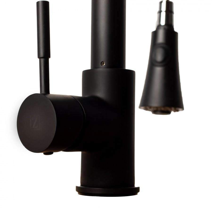 Matte black single-handle kitchen faucet with round base and angled spout