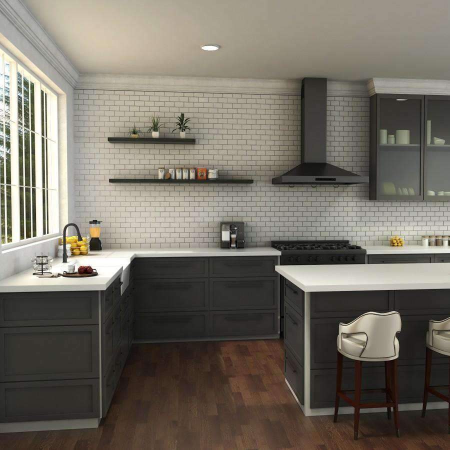 Matte black kitchen faucet on countertop with tall curved spout and lever