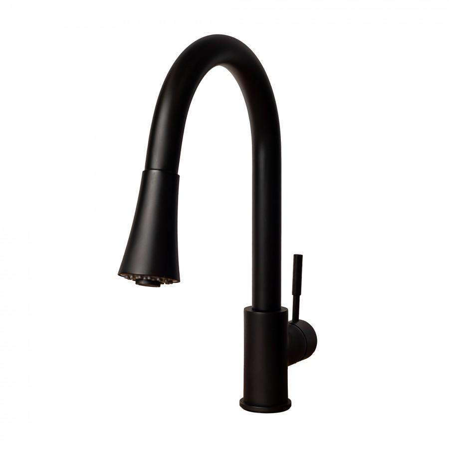 Matte black kitchen faucet with high-arc spout and side control handle
