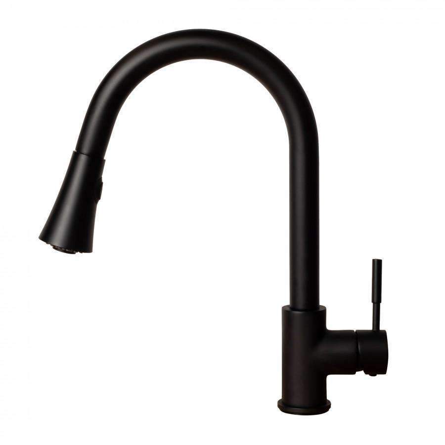 Matte black kitchen faucet with tall curved spout and side spray arm
