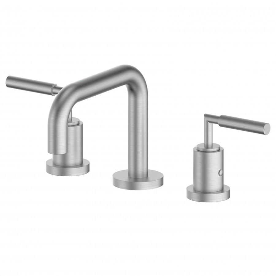 Brushed nickel widespread bath faucet with arched spout and two cylindrical handles