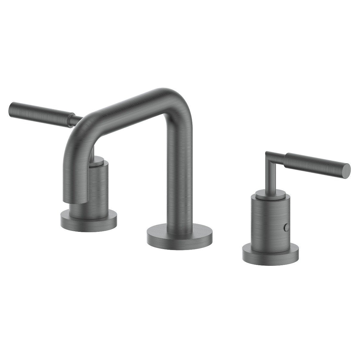 Gun metal 3-piece bath faucet with curved spout and two deck-mounted handles.