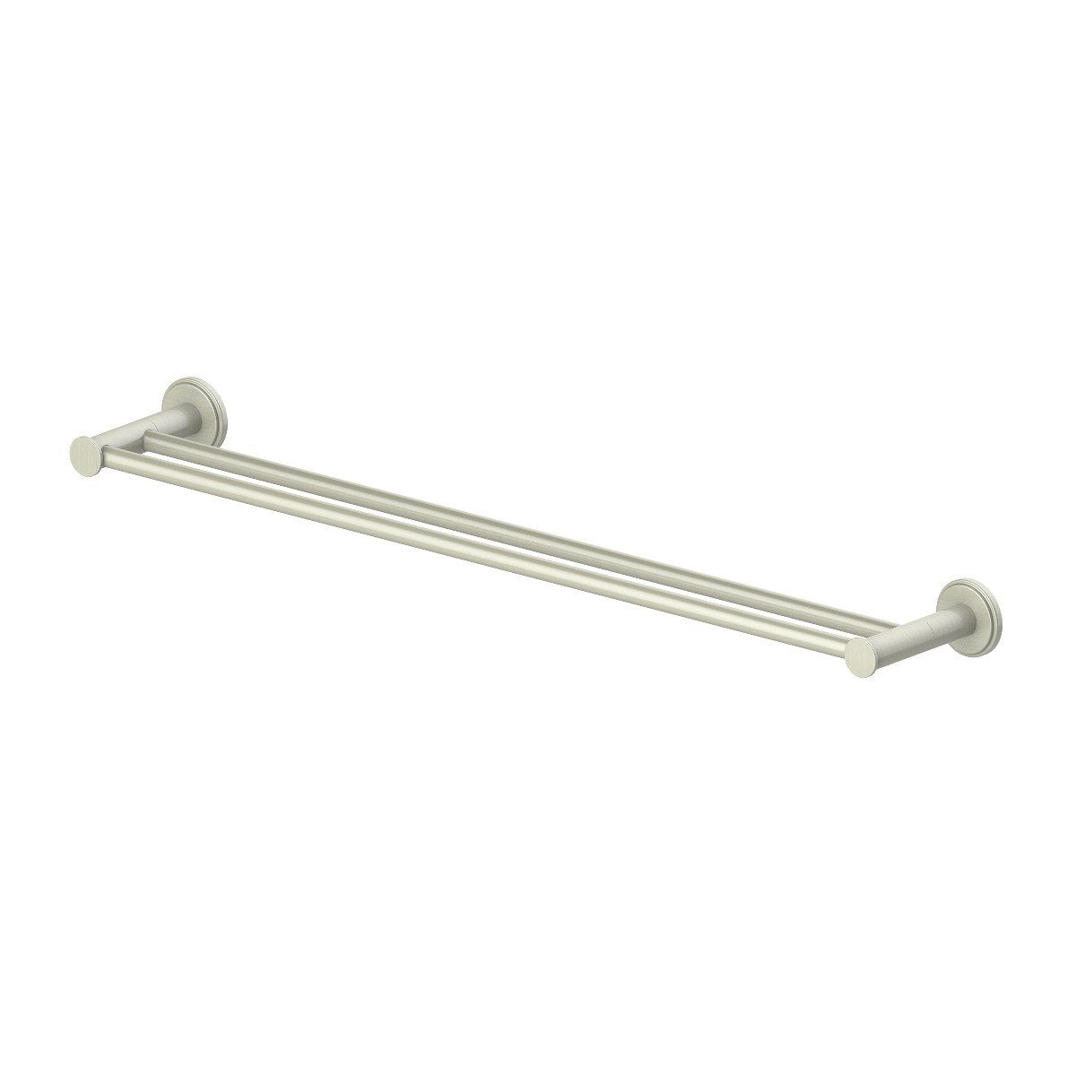 Brushed nickel double towel rail with two parallel bars and round end brackets
