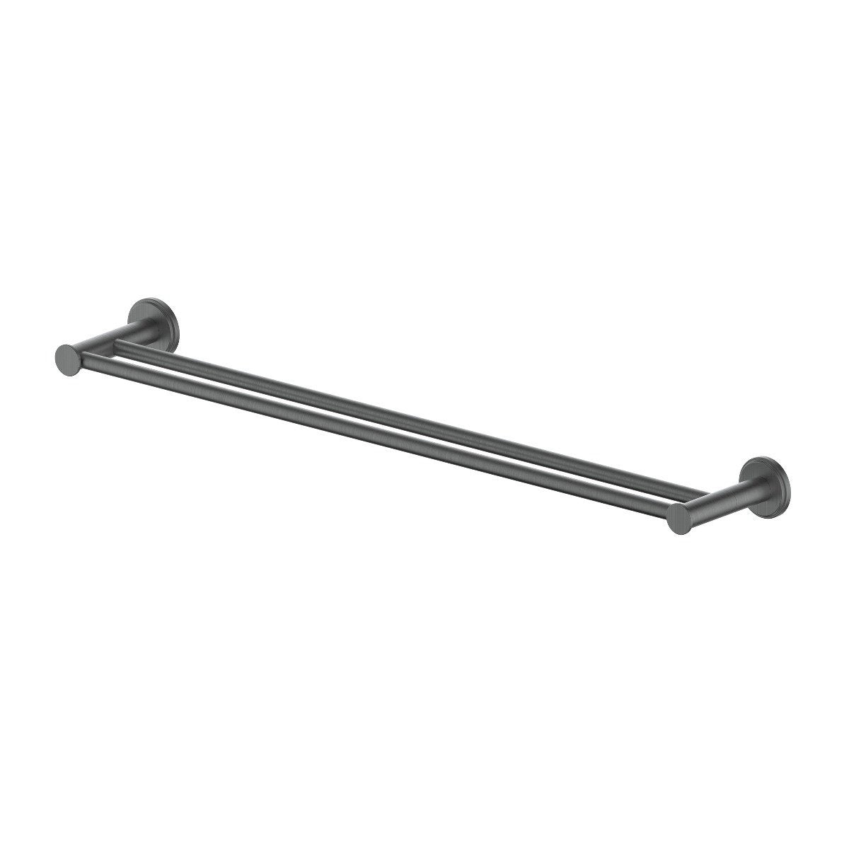 Double towel rail in gun metal finish with two round mounting ends.