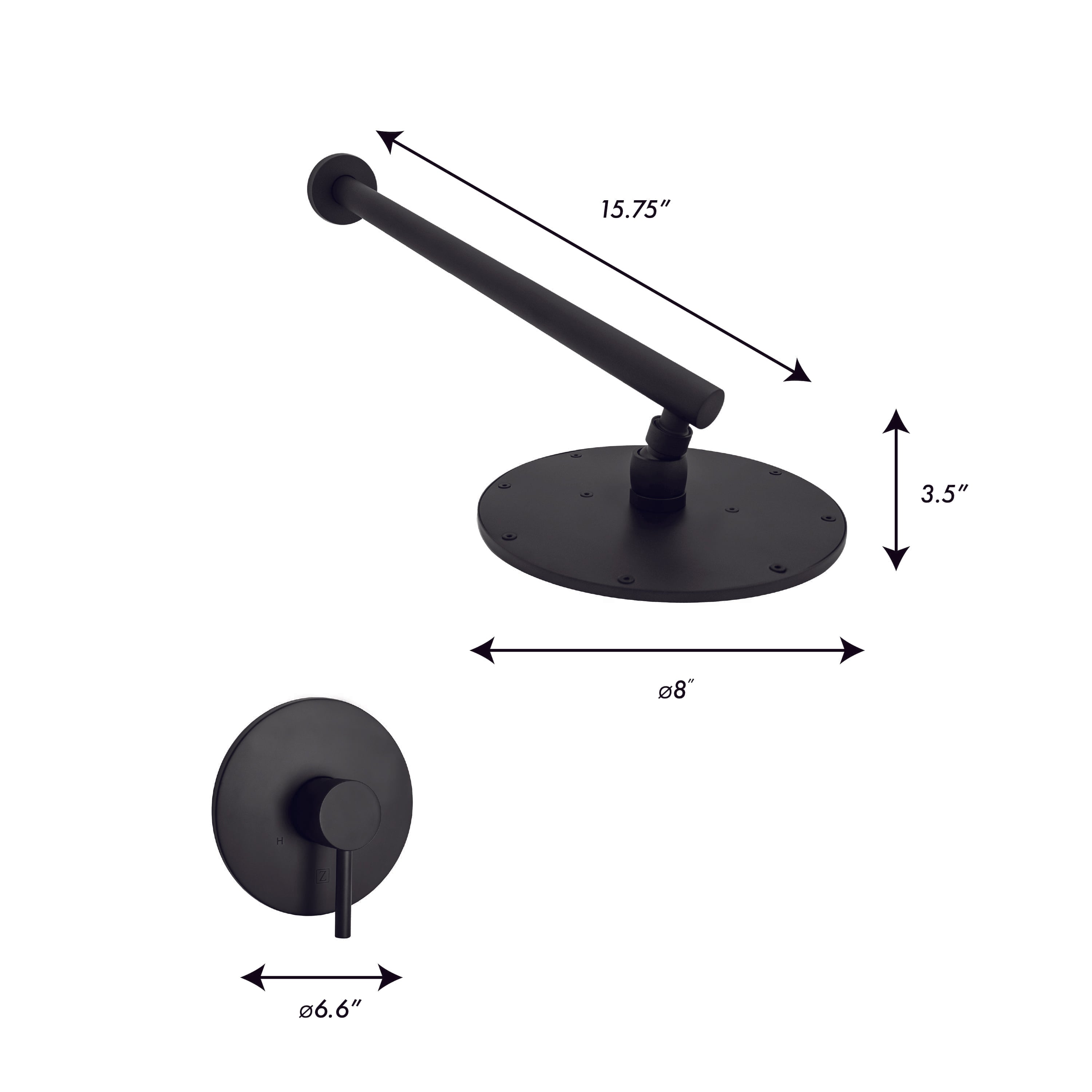 Matte black shower faucet with round base, long arm, and side handle; size shown.