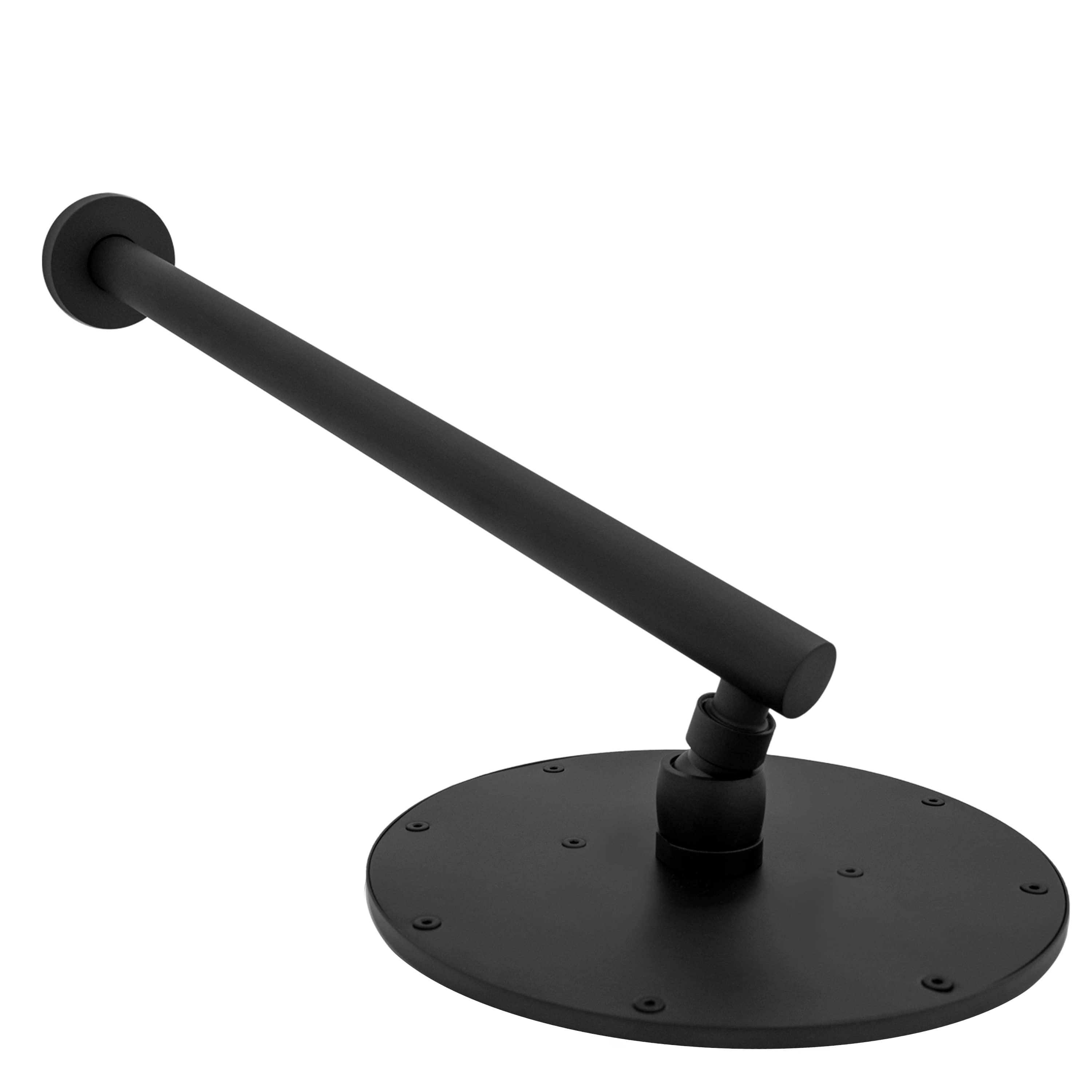 Matte black wall-mount shower faucet arm with round base plate and side control.