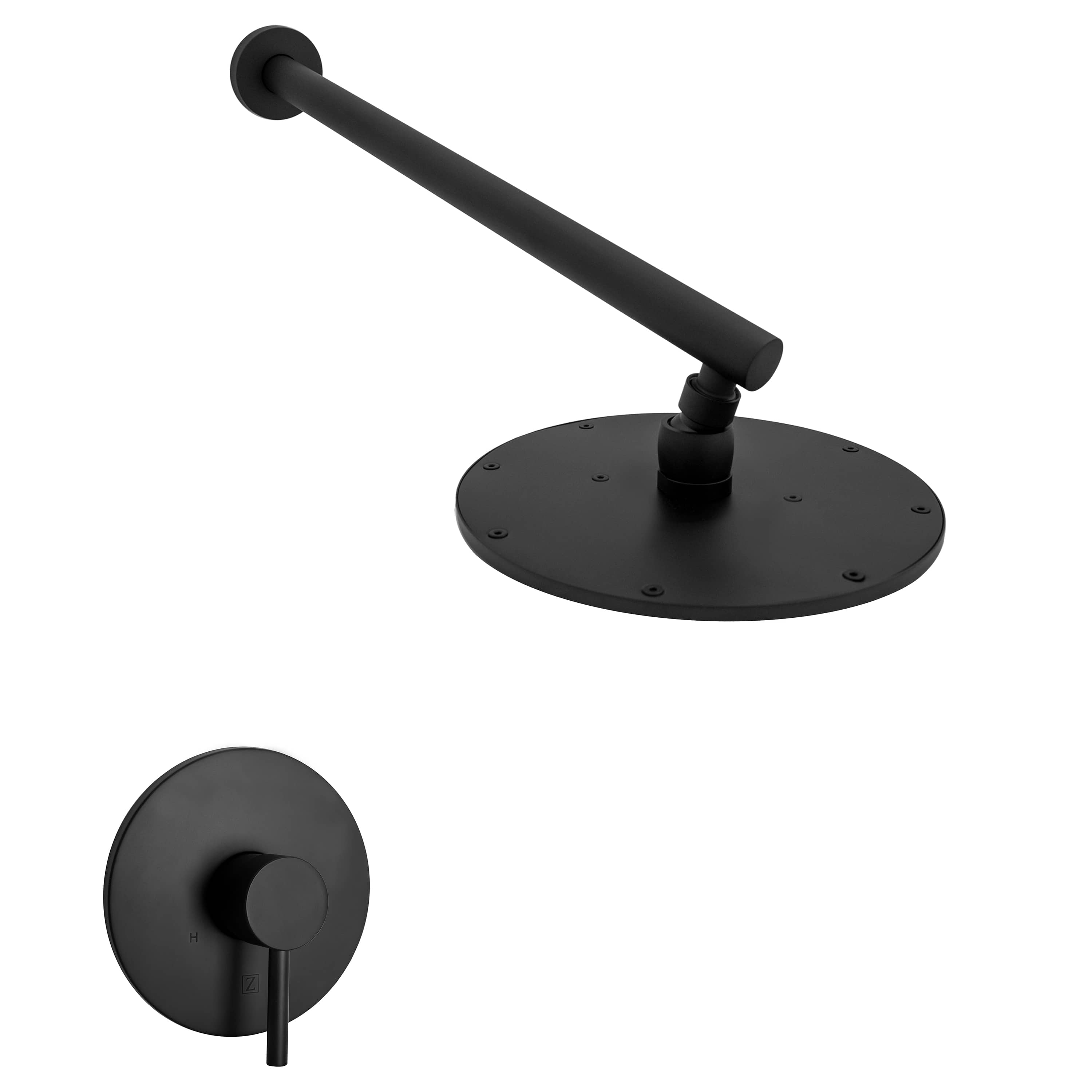 Matte black wall-mount shower faucet arm with round base plate and handle mount.