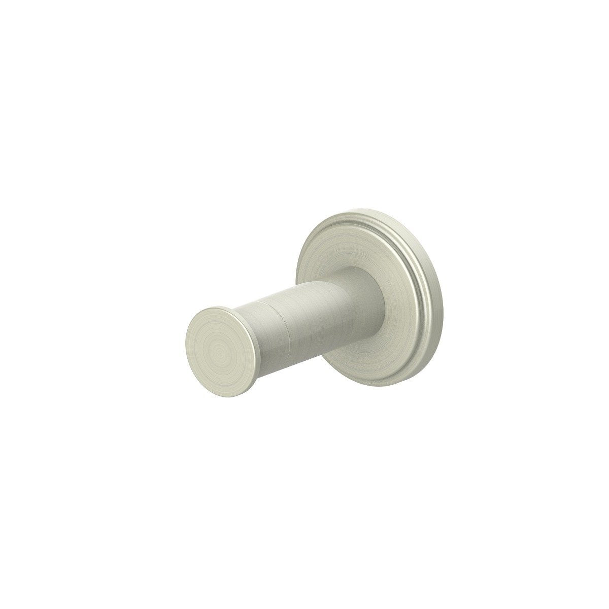 Brushed nickel towel hook with round back plate and cylindrical bar, wall mount