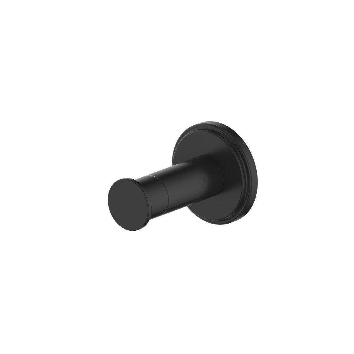 Matte black hand towel hook with rounded backplate and cylindrical holder