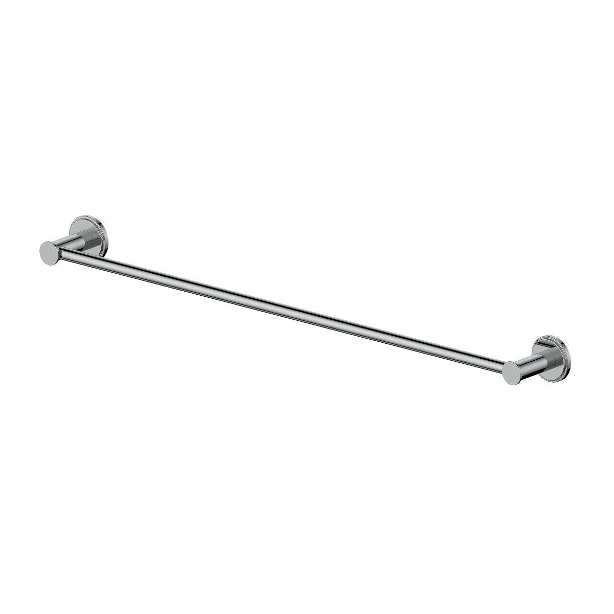 Chrome towel rail with horizontal bar and circular wall mounts at both ends