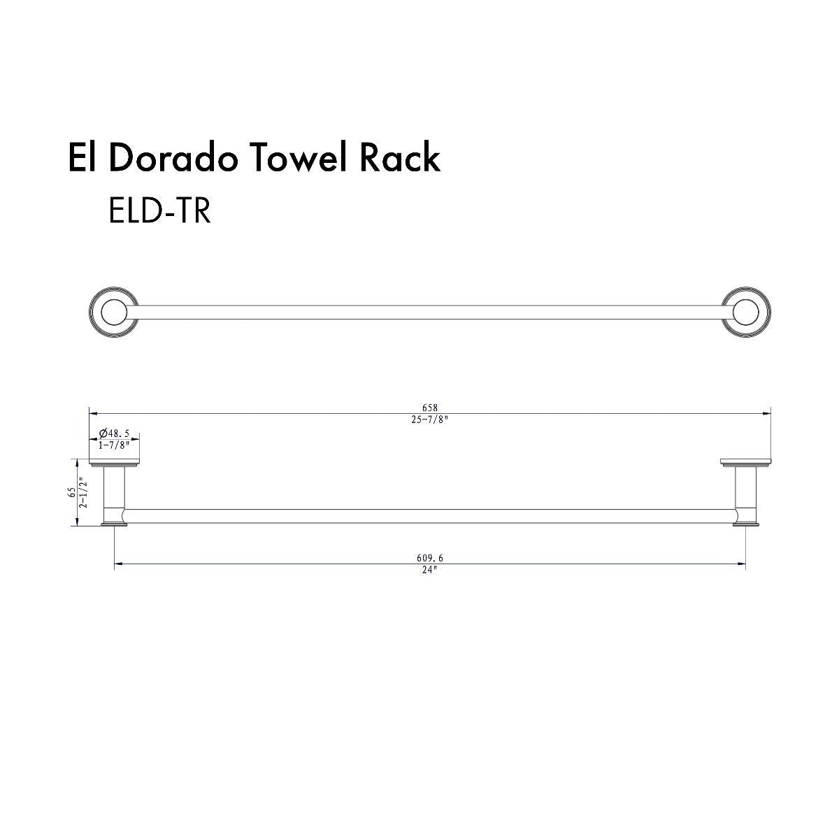 Chrome towel rack technical diagram with horizontal bar and end wall mounts