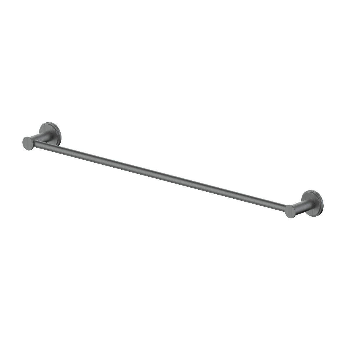 Gun metal towel rail with two round wall mounts and a long horizontal bar.