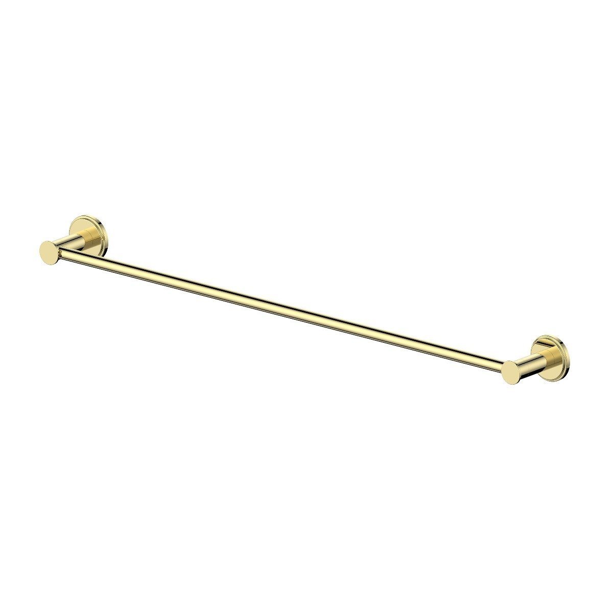 Polished gold towel rail with two round end holders for hanging towels
