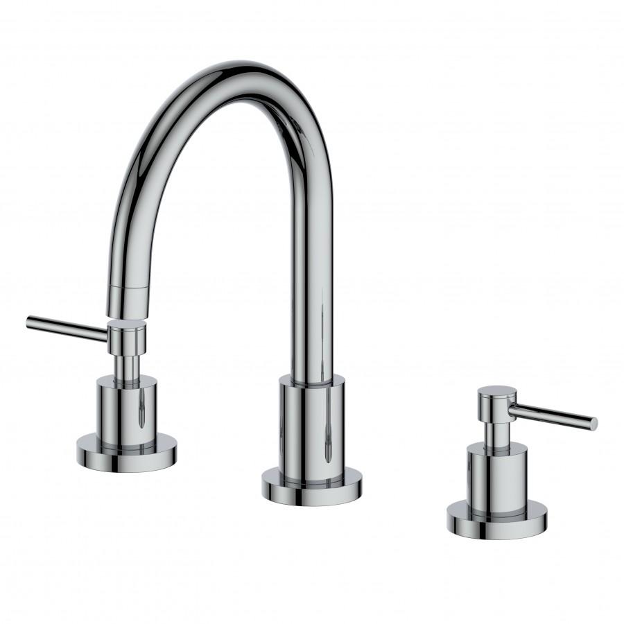 Chrome widespread bath faucet set: arched spout with two lever handles.