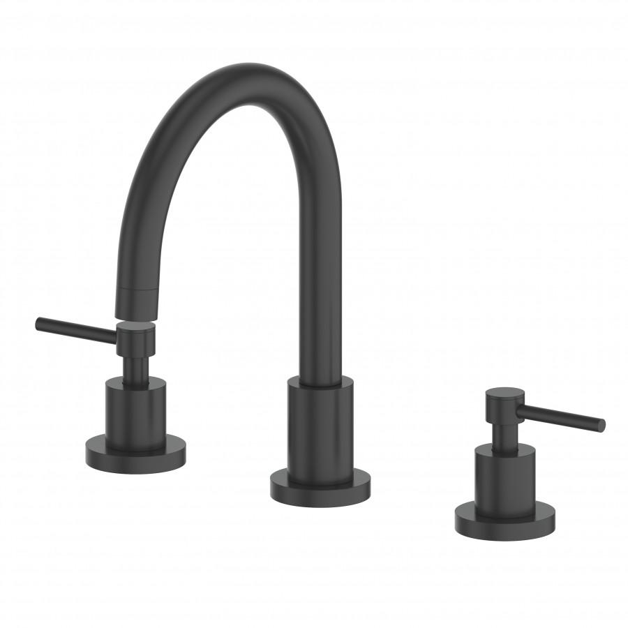 Matte black widespread bath faucet with curved gooseneck spout and two lever handles