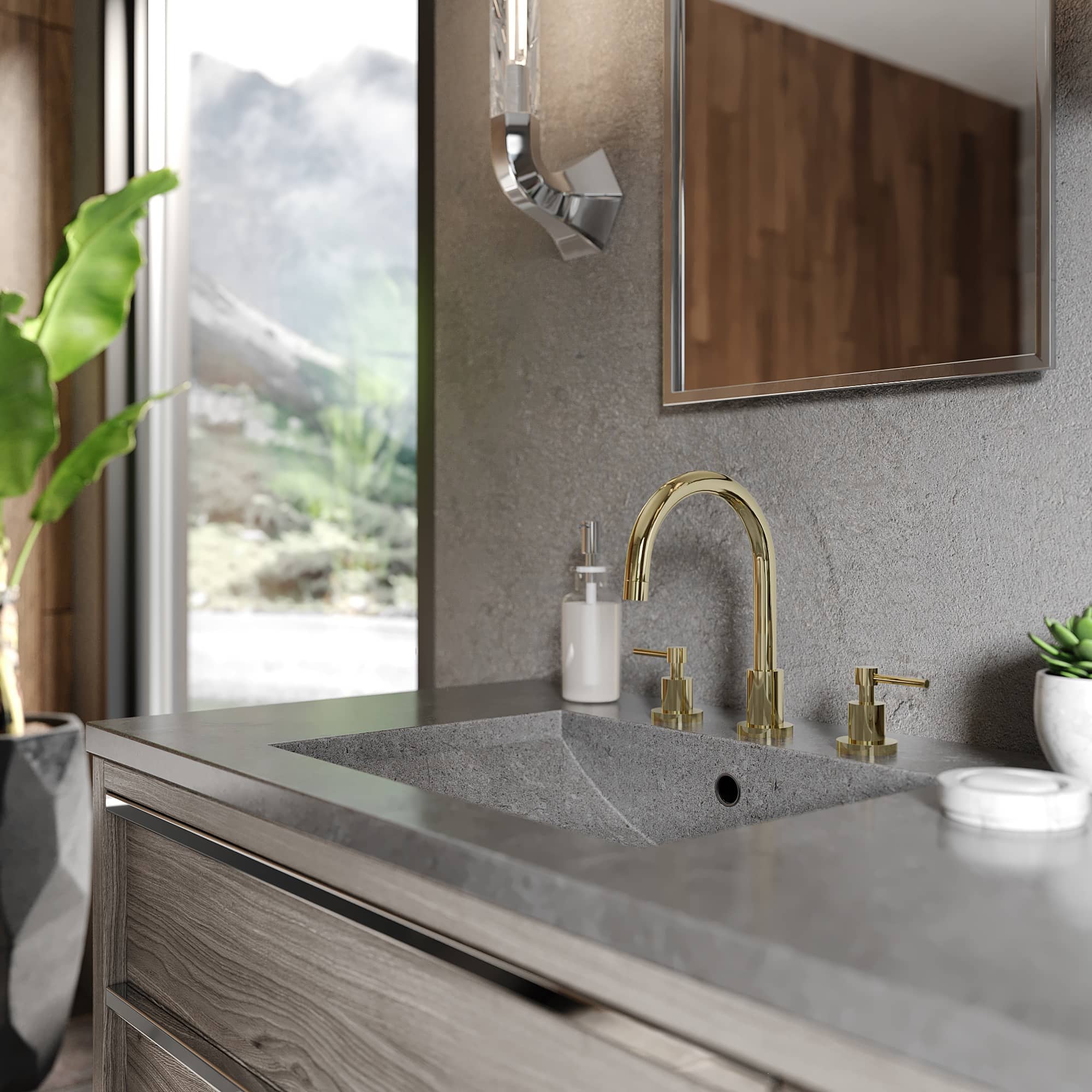 Polished gold widespread bath faucet with arched spout and two small lever handles