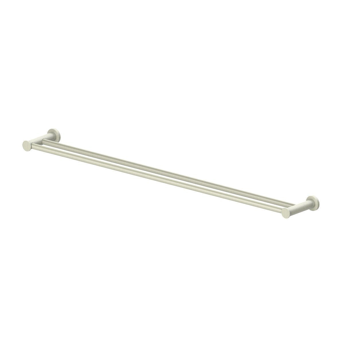 Brushed nickel double towel rail with two round-ended bars for wall mounting.