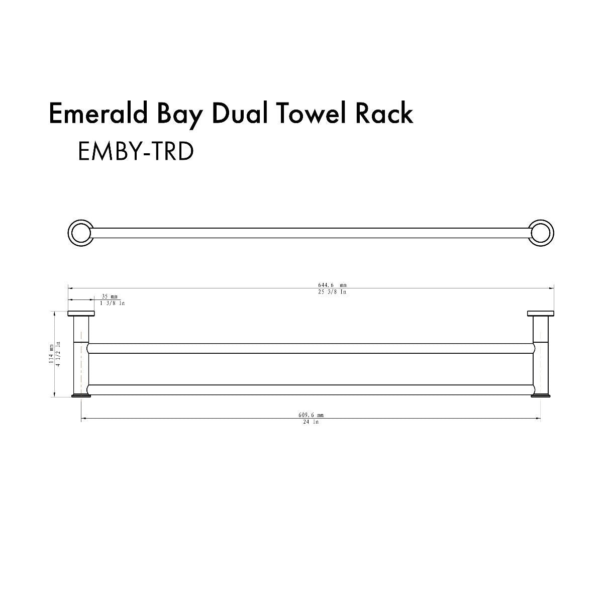 Chrome double towel rail technical view with two bars and labeled dimensions