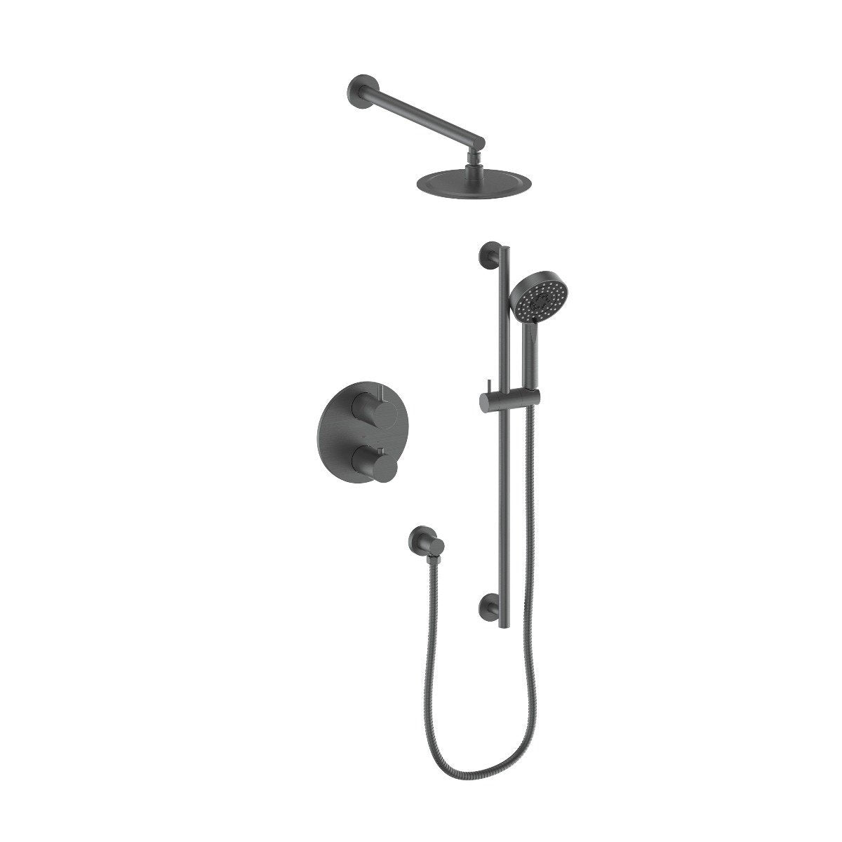 Gun metal thermostatic shower set with overhead arm, handheld, hose, and wall-mounted valve
