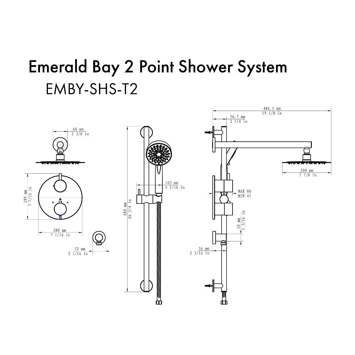 Gun metal thermostatic shower system with round shower head, handheld, and wall controls