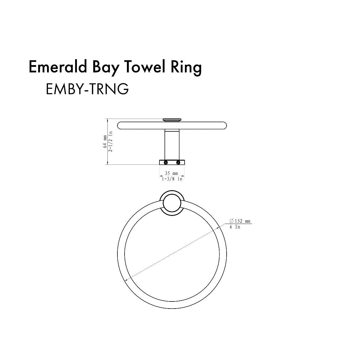 Chrome towel ring with mounting bar, circular ring, and dimension diagram