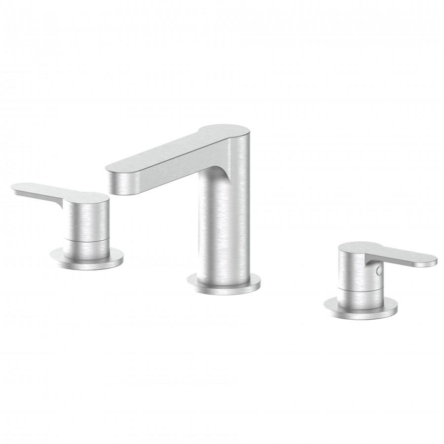 Brushed nickel widespread bath faucet set with arched spout and two handles