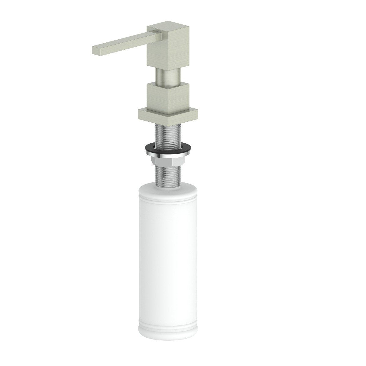 Brushed nickel wall-mount soap dispenser with white bottle and lever pump handle