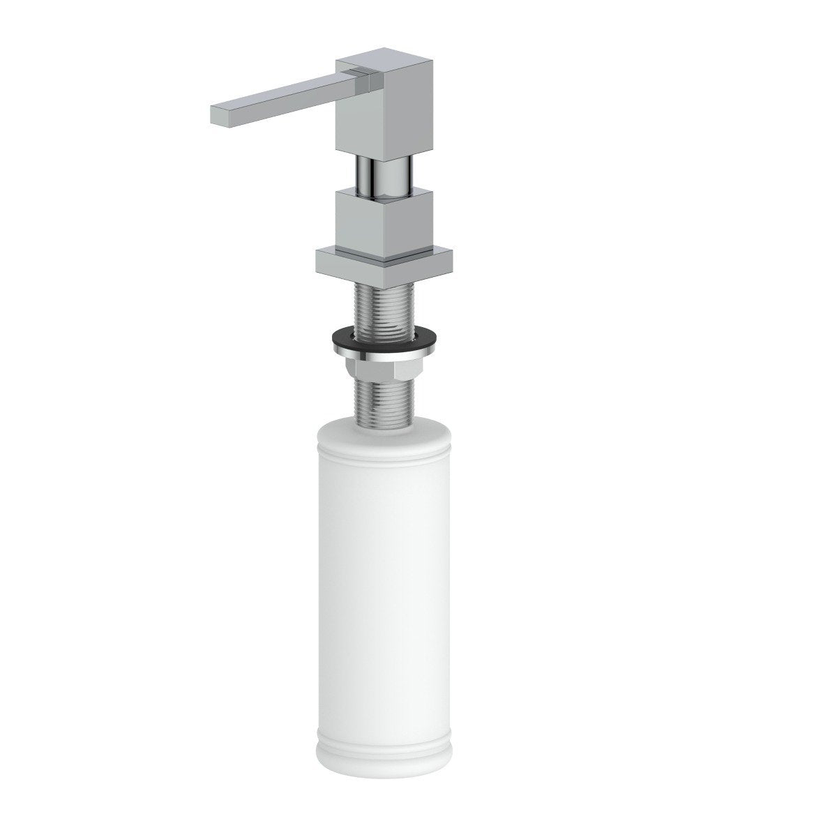 Chrome soap dispenser with lever handle and white bottle