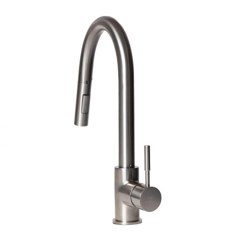 Brushed nickel kitchen faucet with tall curved spout and side control lever