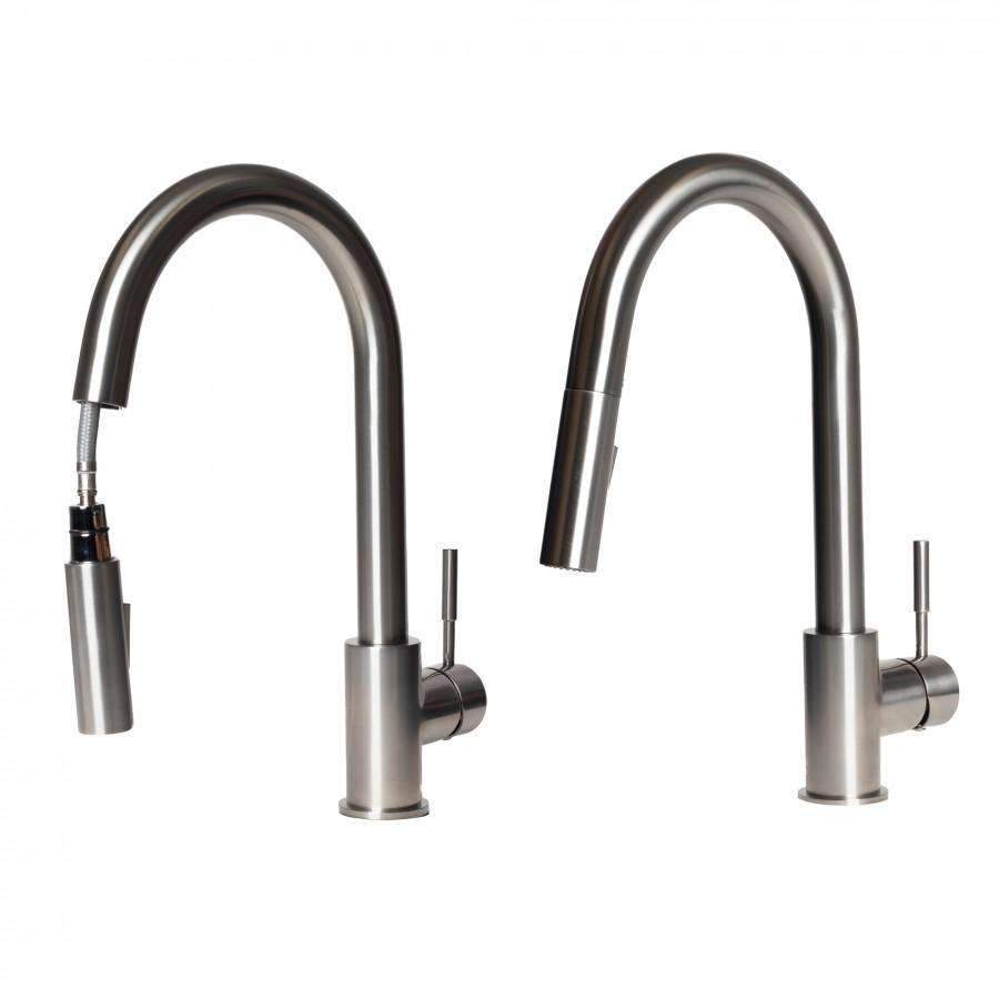 Two brushed nickel kitchen faucet options with tall curved spouts and lever controls