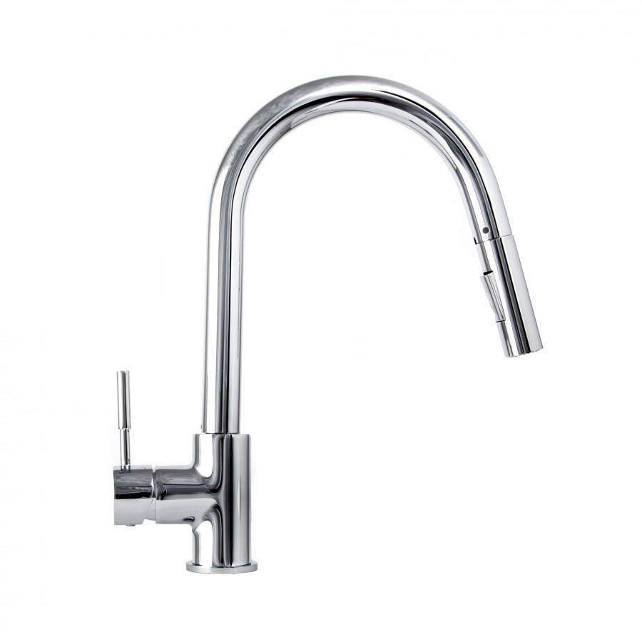 Chrome kitchen faucet with tall arched spout and side handle