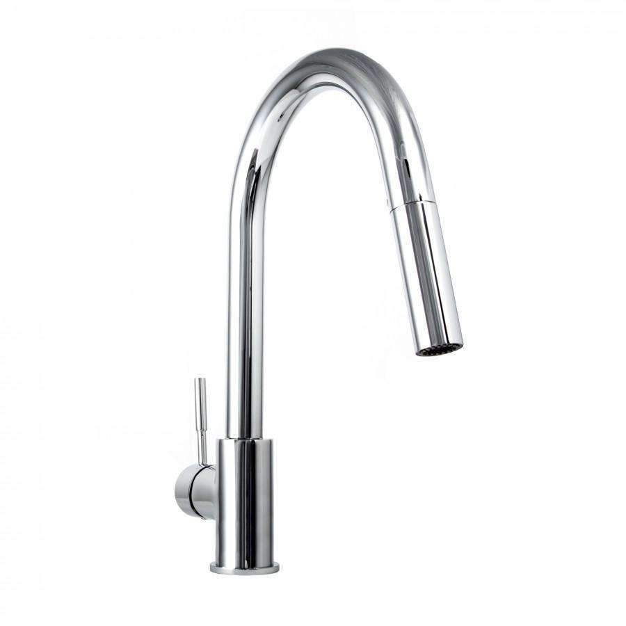 Chrome kitchen faucet with single lever handle and tall gooseneck spout