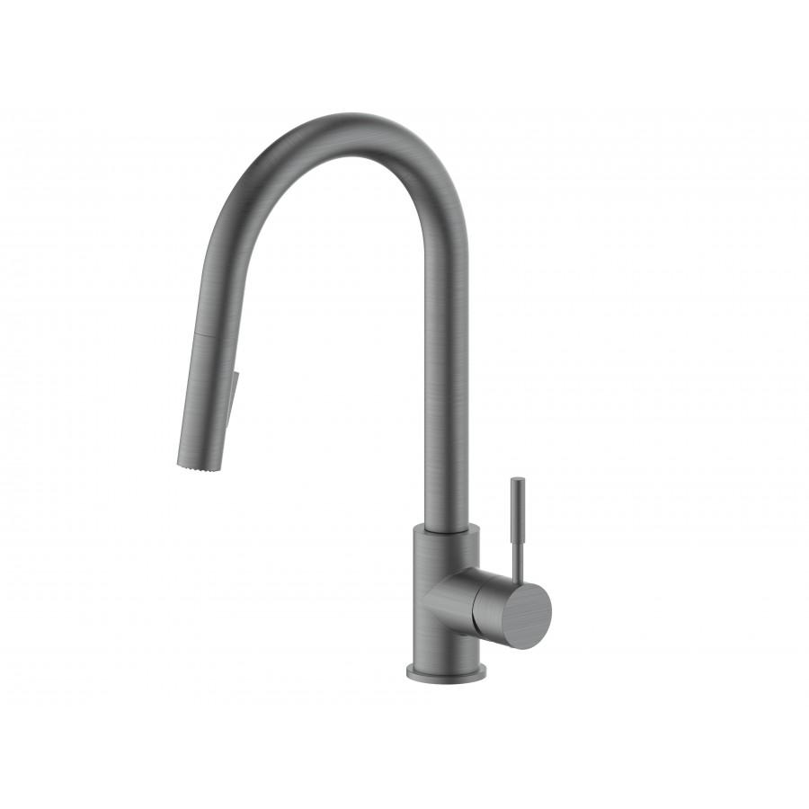 Gun metal kitchen faucet with tall arched spout and compact control lever