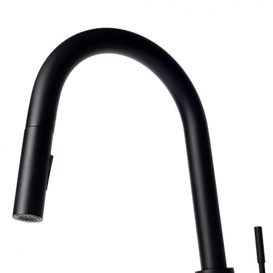 Matte black kitchen faucet with tall curved spout and angled spray head