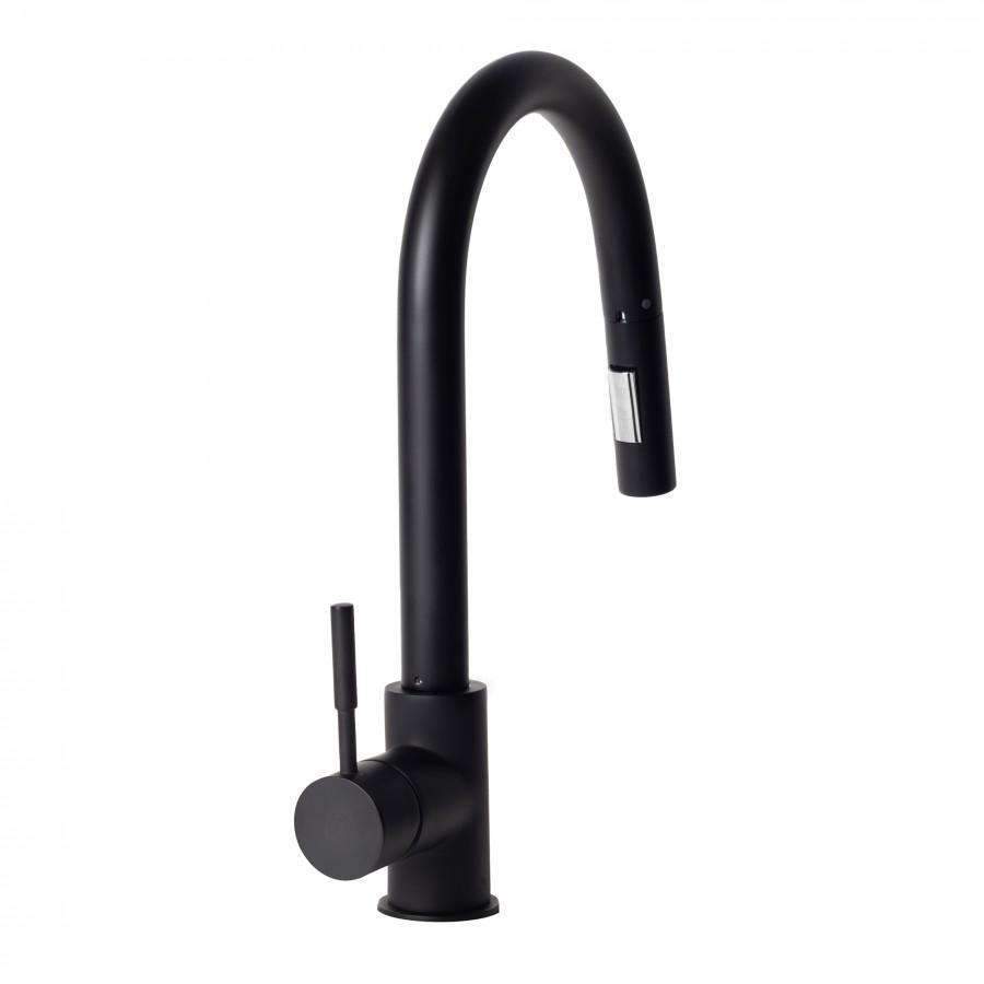 Matte black kitchen faucet with tall curved spout and separate side controls