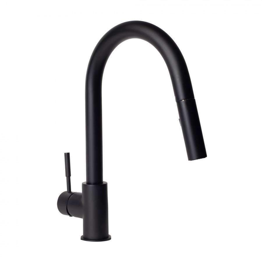 Matte black kitchen faucet with tall curved spout and round side handle