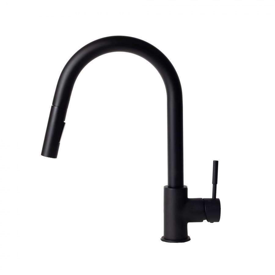 Matte black kitchen faucet with high arched spout and compact control lever