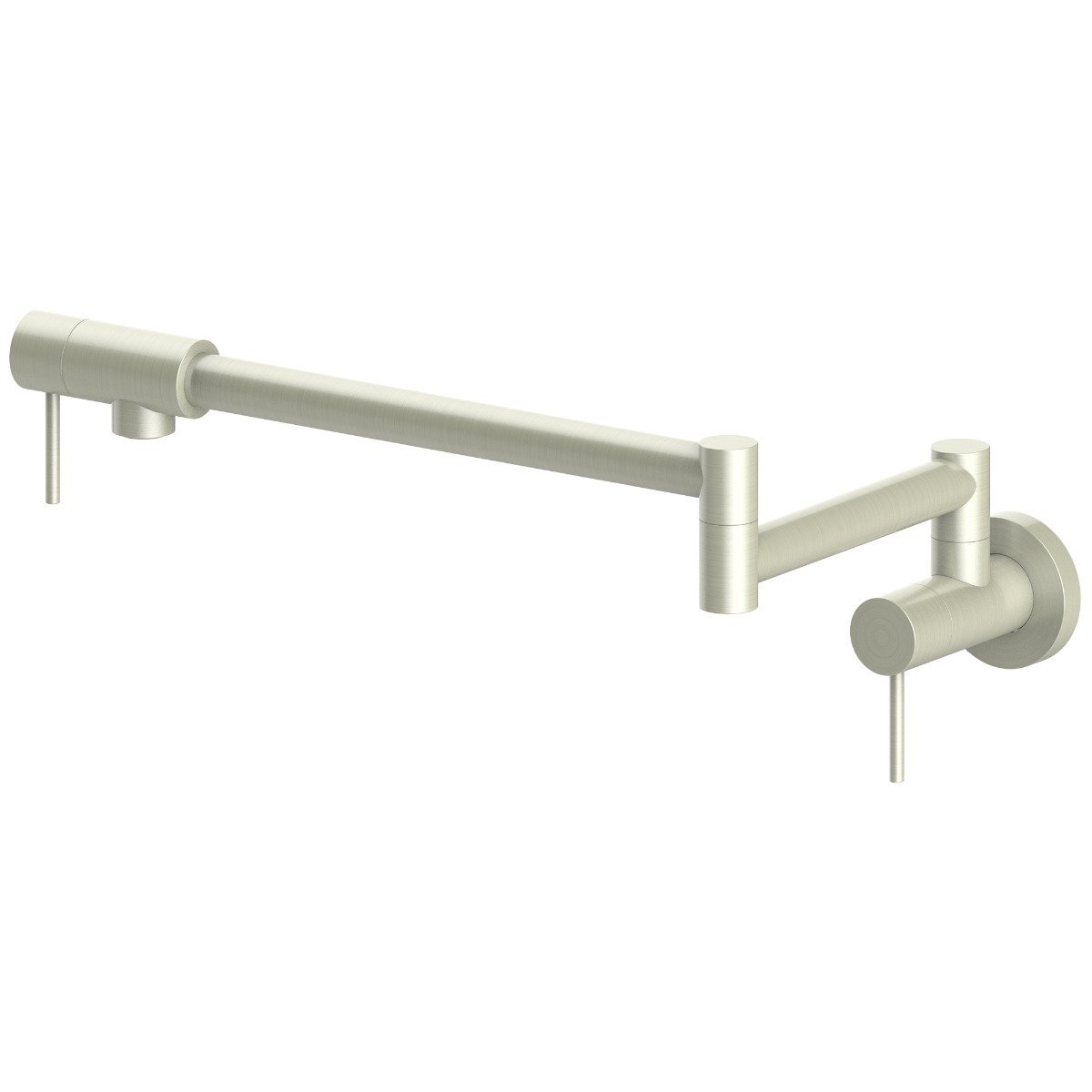 Brushed nickel pot filler faucet with extended spout and two cylindrical lever handles