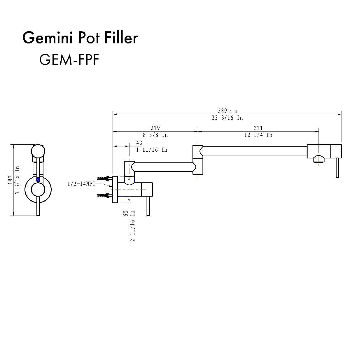 Pot filler faucet installation diagram with dimensional layout for wall-mount use