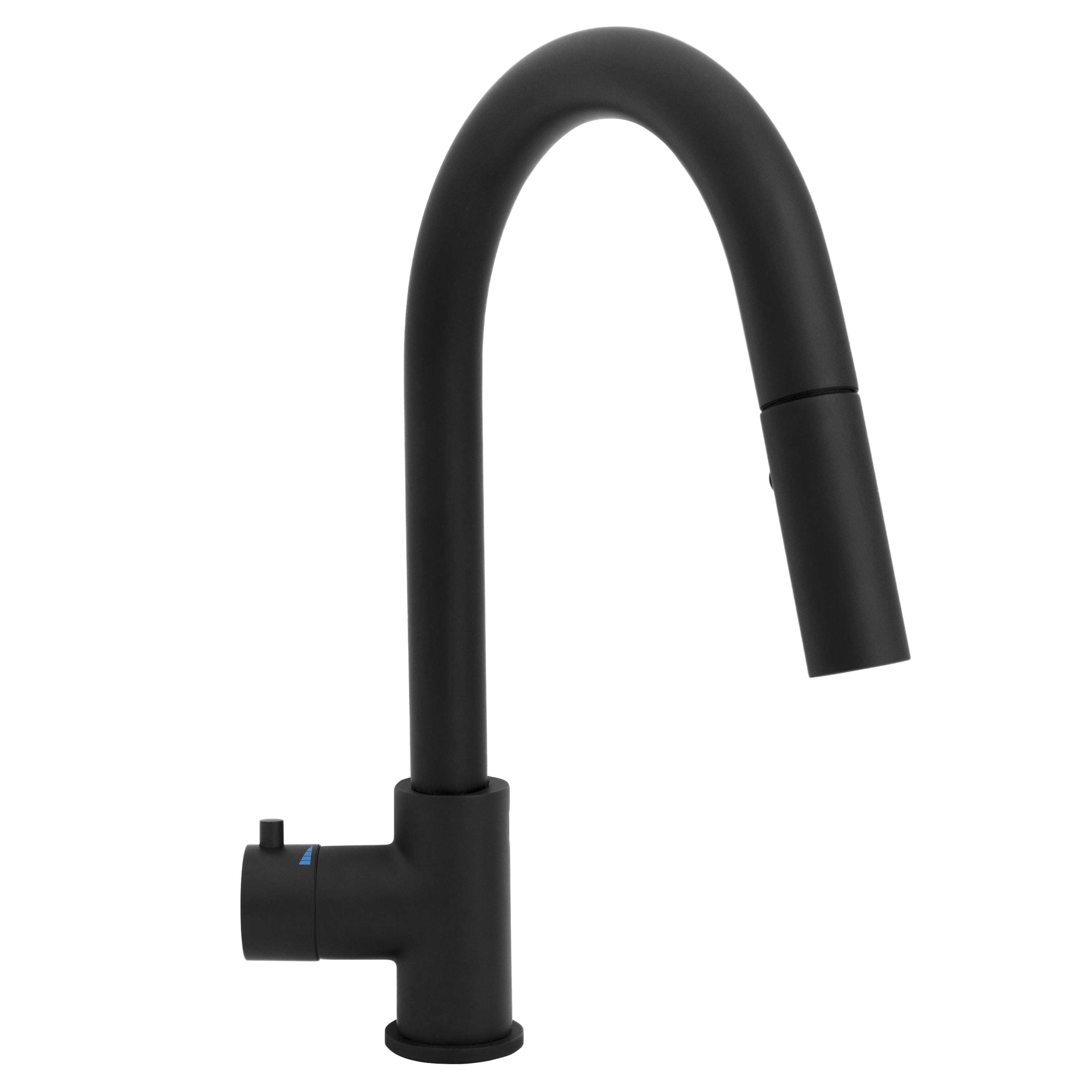 Matte black kitchen faucet with curved spout and cylindrical handle base
