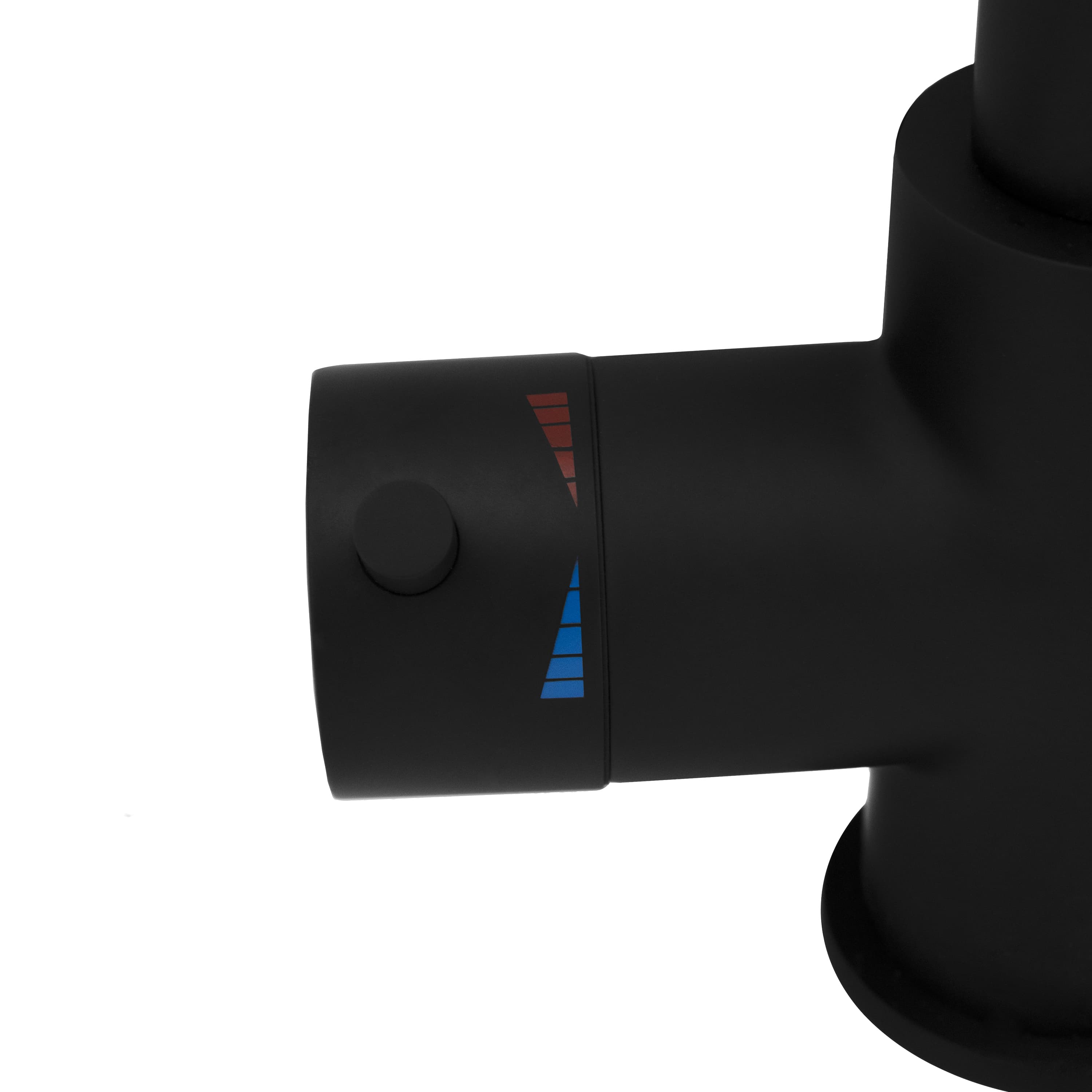 Matte black faucet control body with sensor window detail