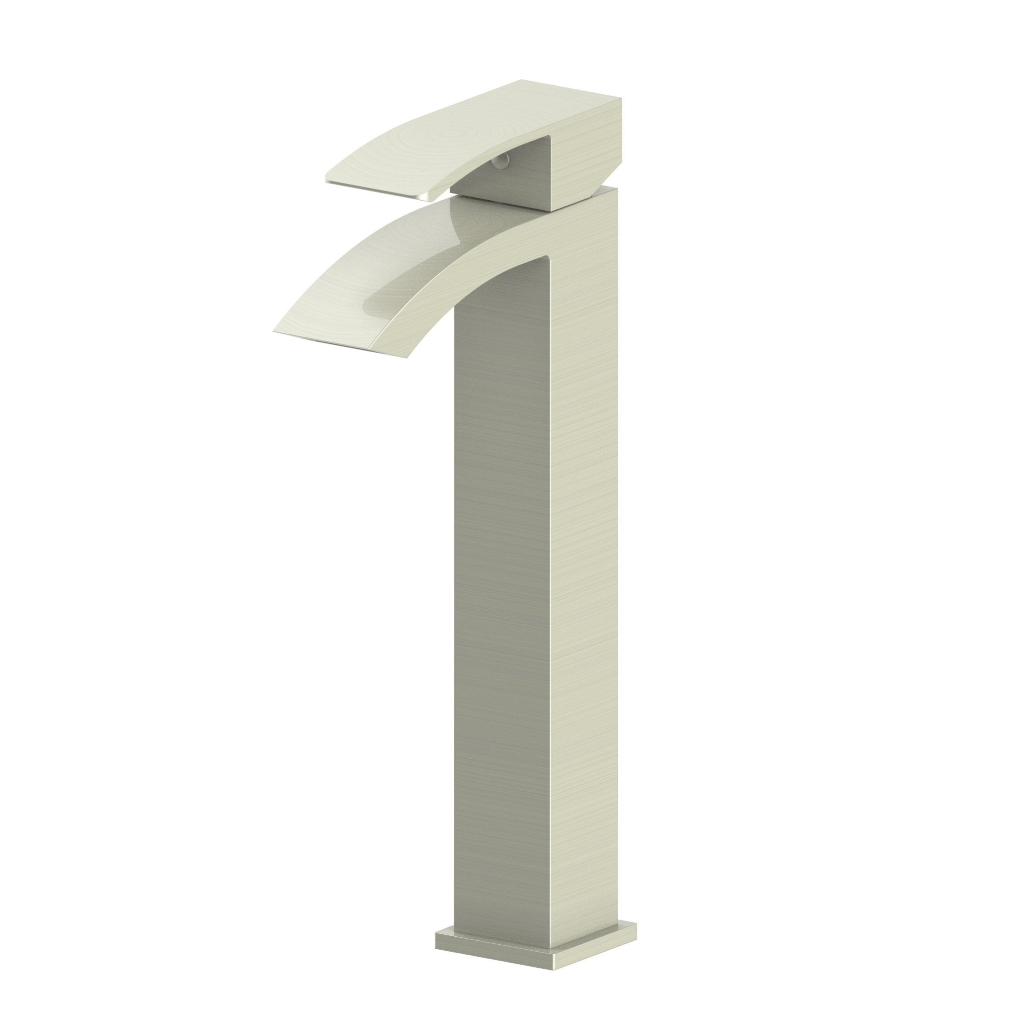 Brushed nickel tall bath faucet with two-part arched spout design, single-hole.